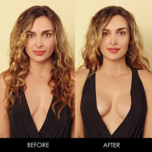 Load image into Gallery viewer, Before &amp; After images showcase a woman in a black evening gown using The Boob Tape.
