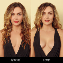 Load image into Gallery viewer, Before & After images showcase a woman in a black evening gown using The Boob Tape.