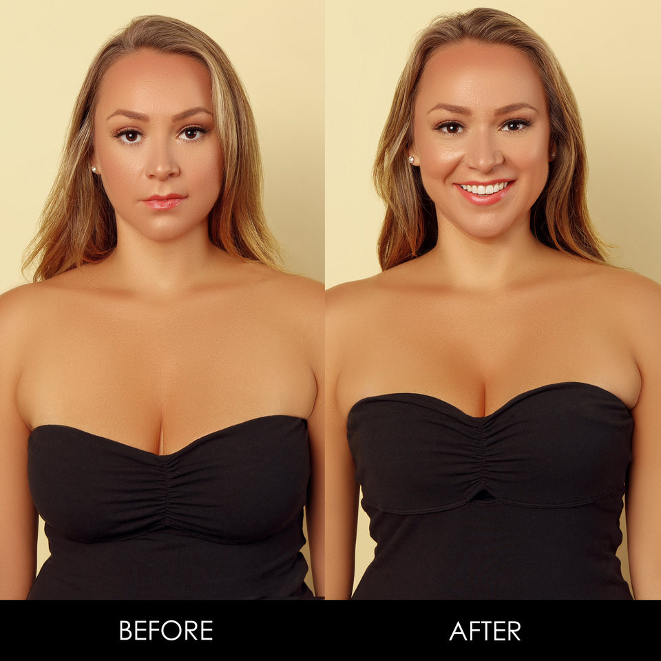 A before and after result of a person wearing breast tape with a strapless tube top