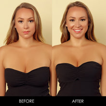 Load image into Gallery viewer, Before &amp; After photos of a woman using The Boob Tape in black color.
